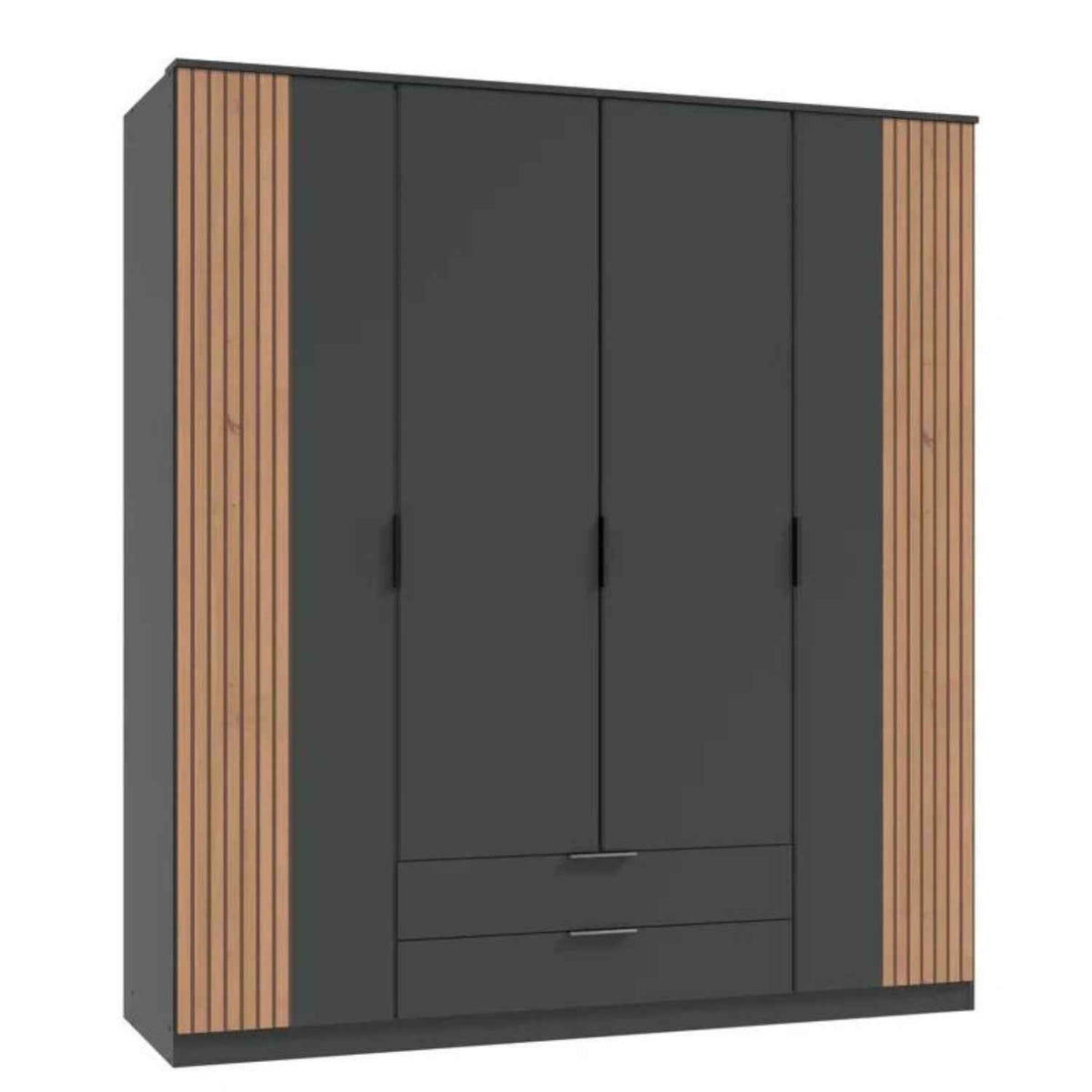 Newbury 4 Door Wardrobe with Drawers in Graphite with Oak Slat Effect