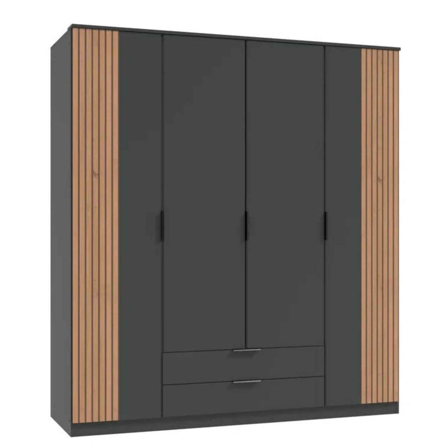 Newbury 4 Door Wardrobe with Drawers in Graphite with Oak Slat Effect