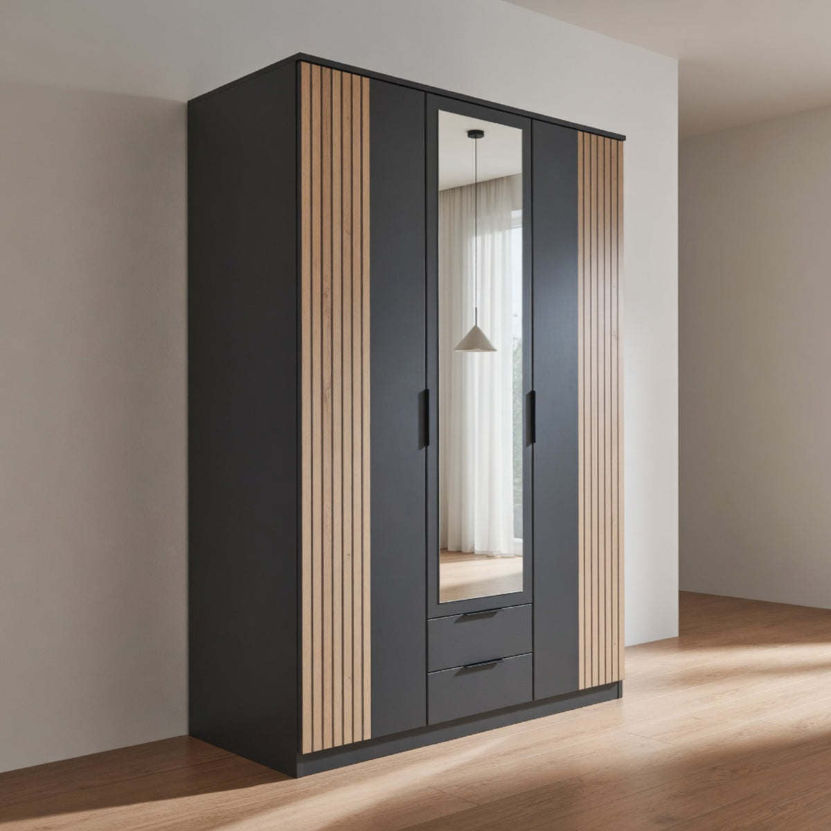 Newbury 3 Door Wardrobe with Mirror Drawer in Graphite and Oak Slat Effect - image 9