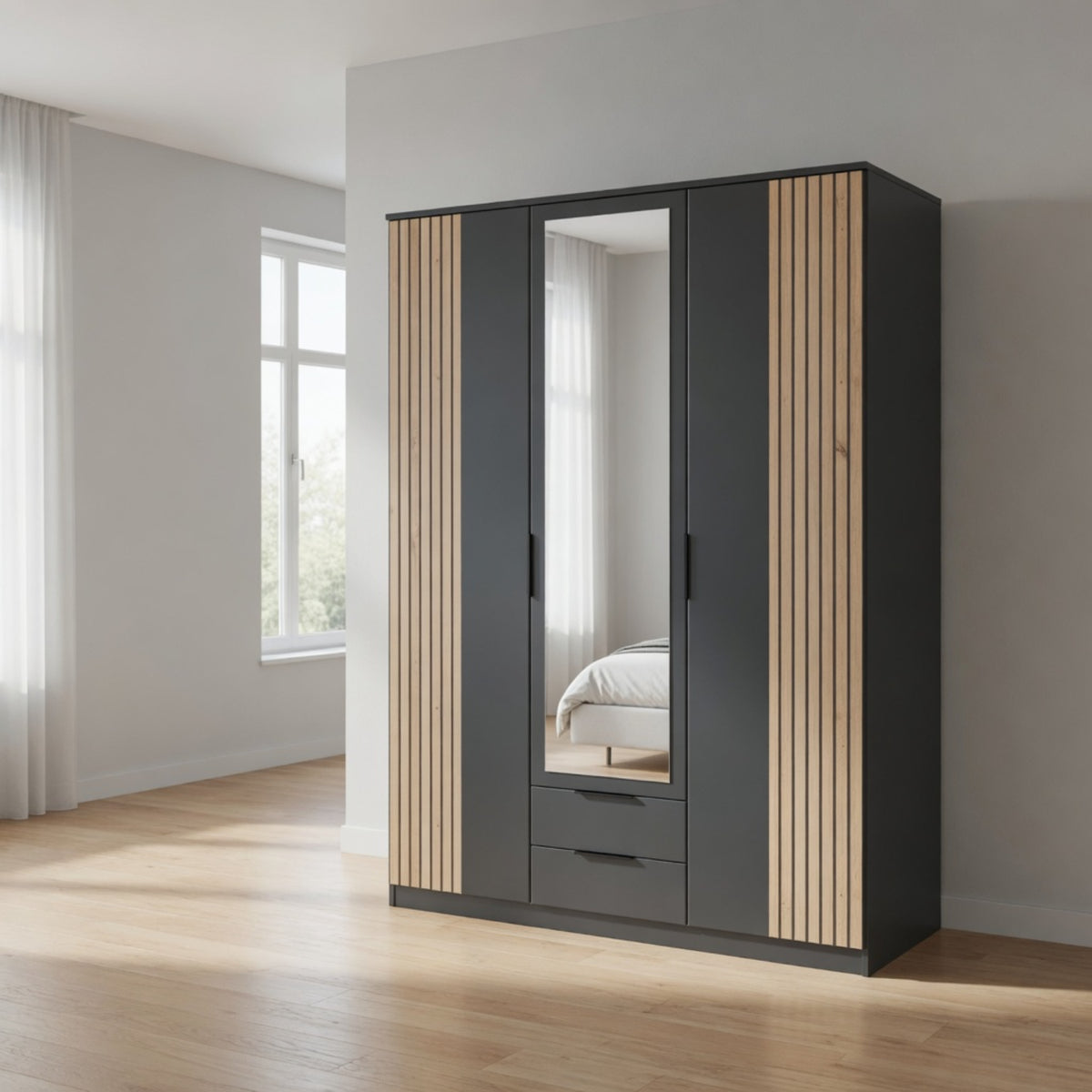 Newbury 3 Door Wardrobe with Mirror Drawer in Graphite and Oak Slat Effect - image 10