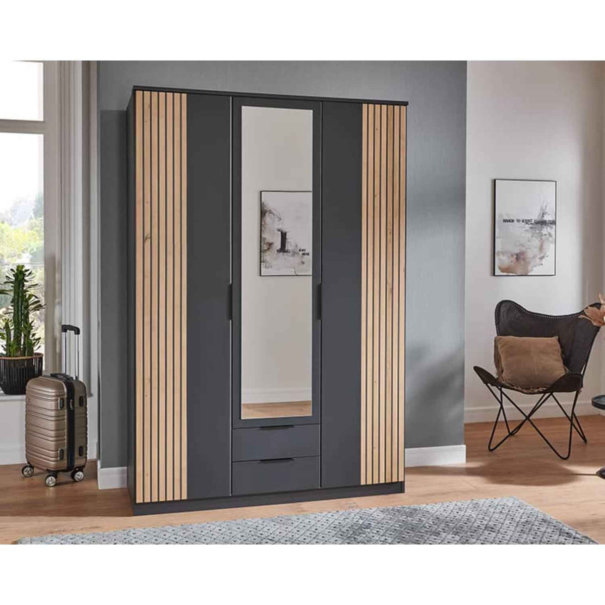 Newbury 3 Door Wardrobe with Mirror Drawer in Graphite and Oak Slat Effect