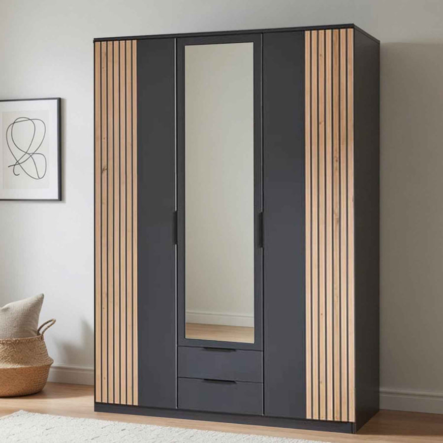 Newbury 3 Door Wardrobe with Mirror Drawer in Graphite and Oak Slat Effect