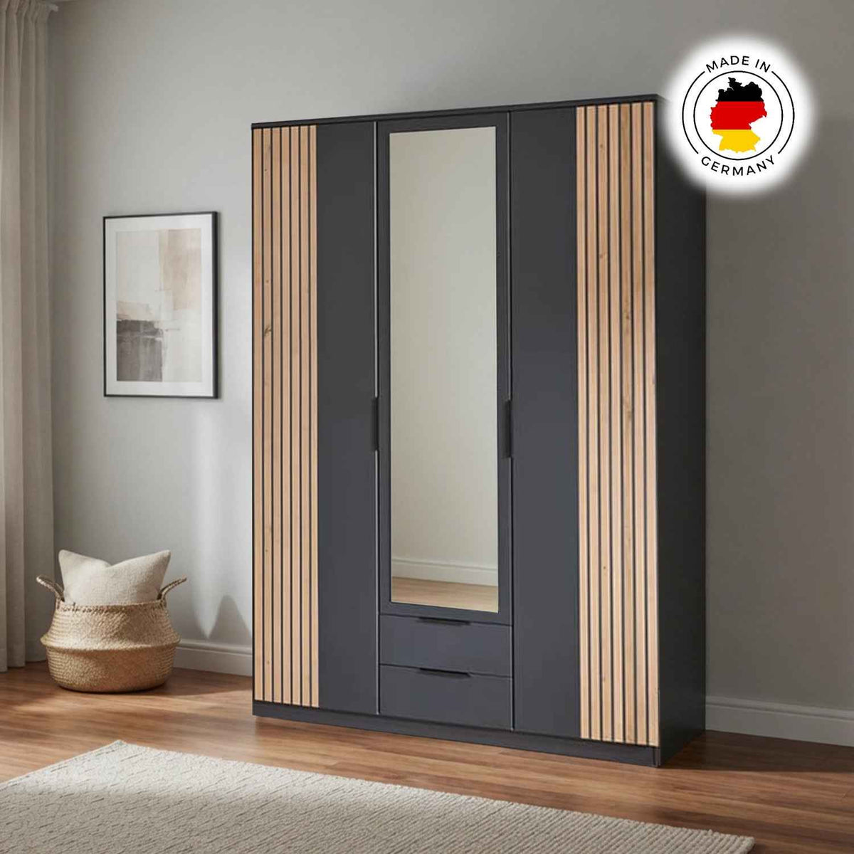 Newbury 3 Door Wardrobe with Mirror Drawer in Graphite and Oak Slat Effect