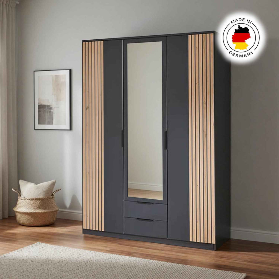 Newbury 3 Door Wardrobe with Mirror Drawer in Graphite and Oak Slat Effect