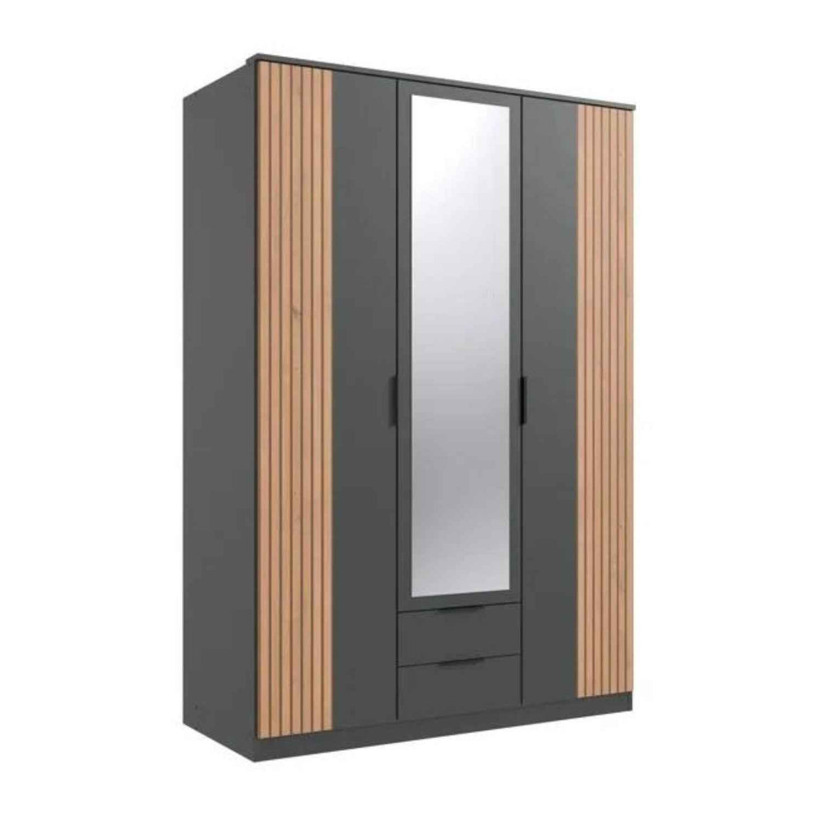 Newbury 3 Door Wardrobe with Mirror Drawer in Graphite and Oak Slat Effect