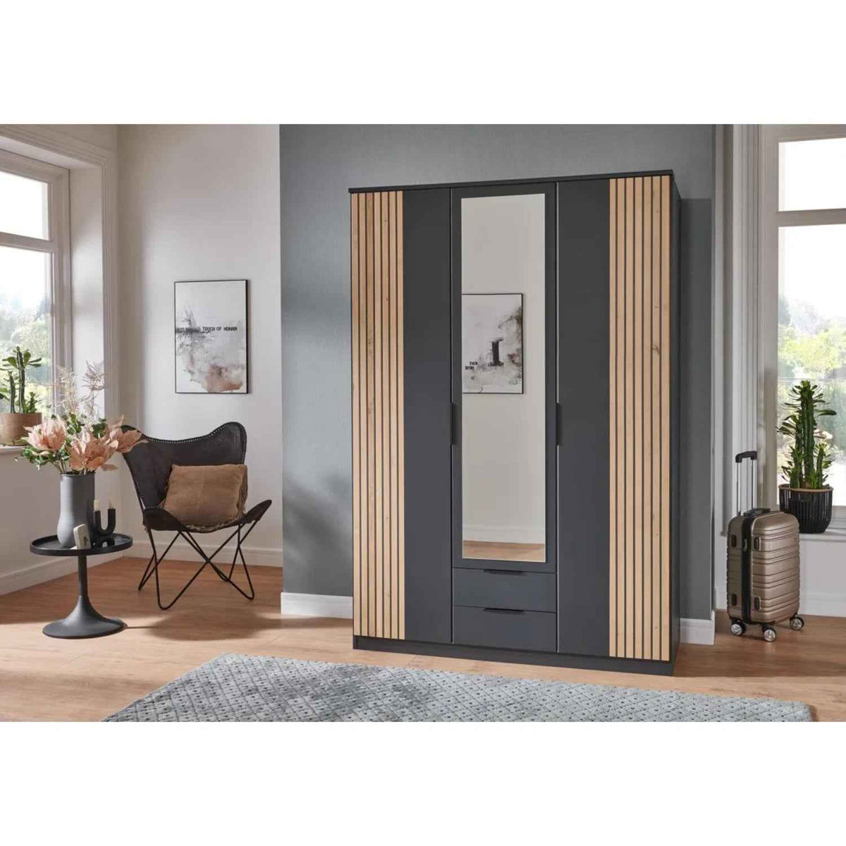 Lambourn 3 Door Wardrobe with Mirror and Drawers in Graphite with Oak Slat Effect