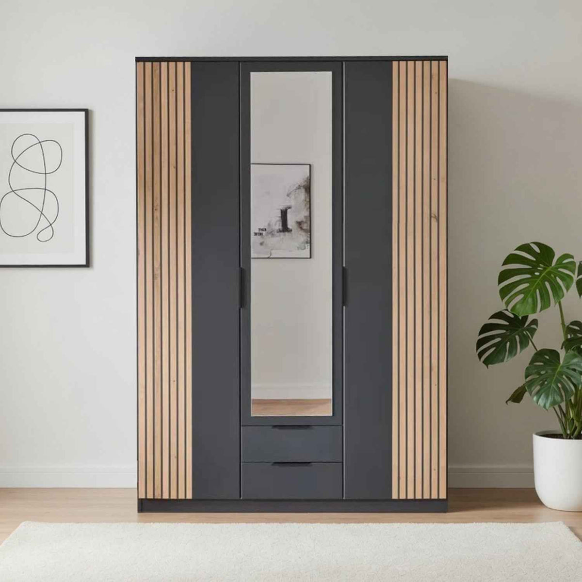 Lambourn 3 Door Wardrobe with Mirror and Drawers in Graphite with Oak Slat Effect