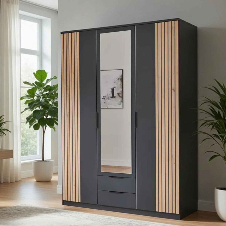 Lambourn 3 Door Wardrobe with Mirror and Drawers in Graphite with Oak Slat Effect