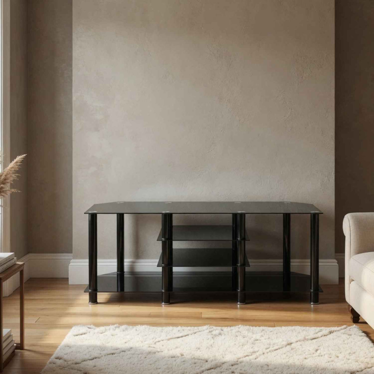 Kensington Large Black Glass TV Stand with Storage Shelves