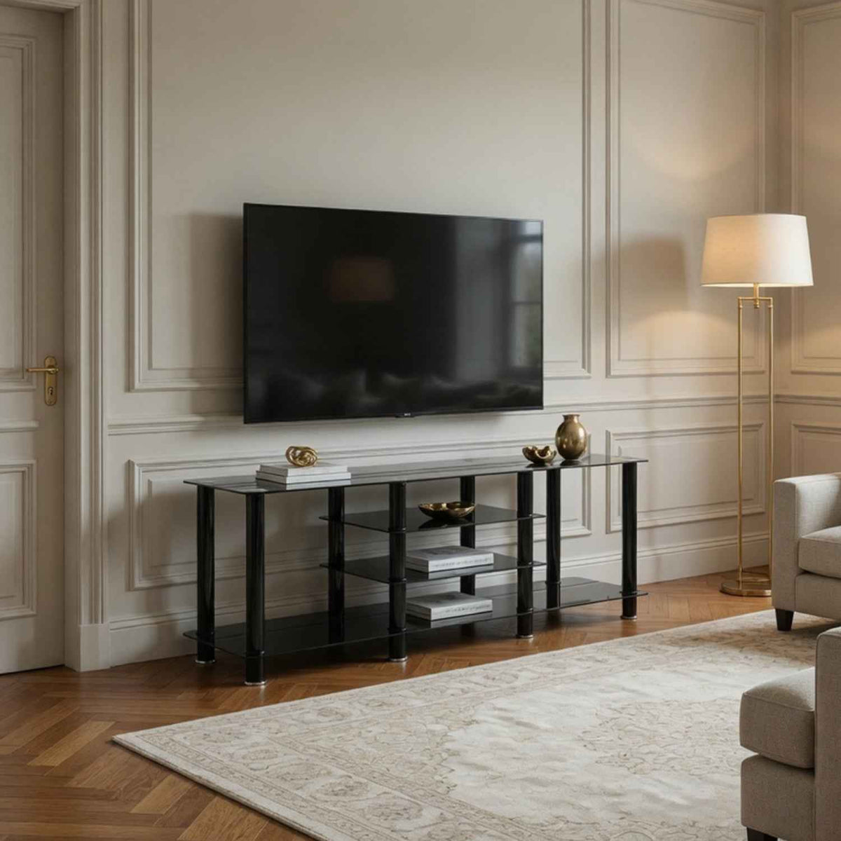 Kensington Large Black Glass TV Stand with Storage Shelves