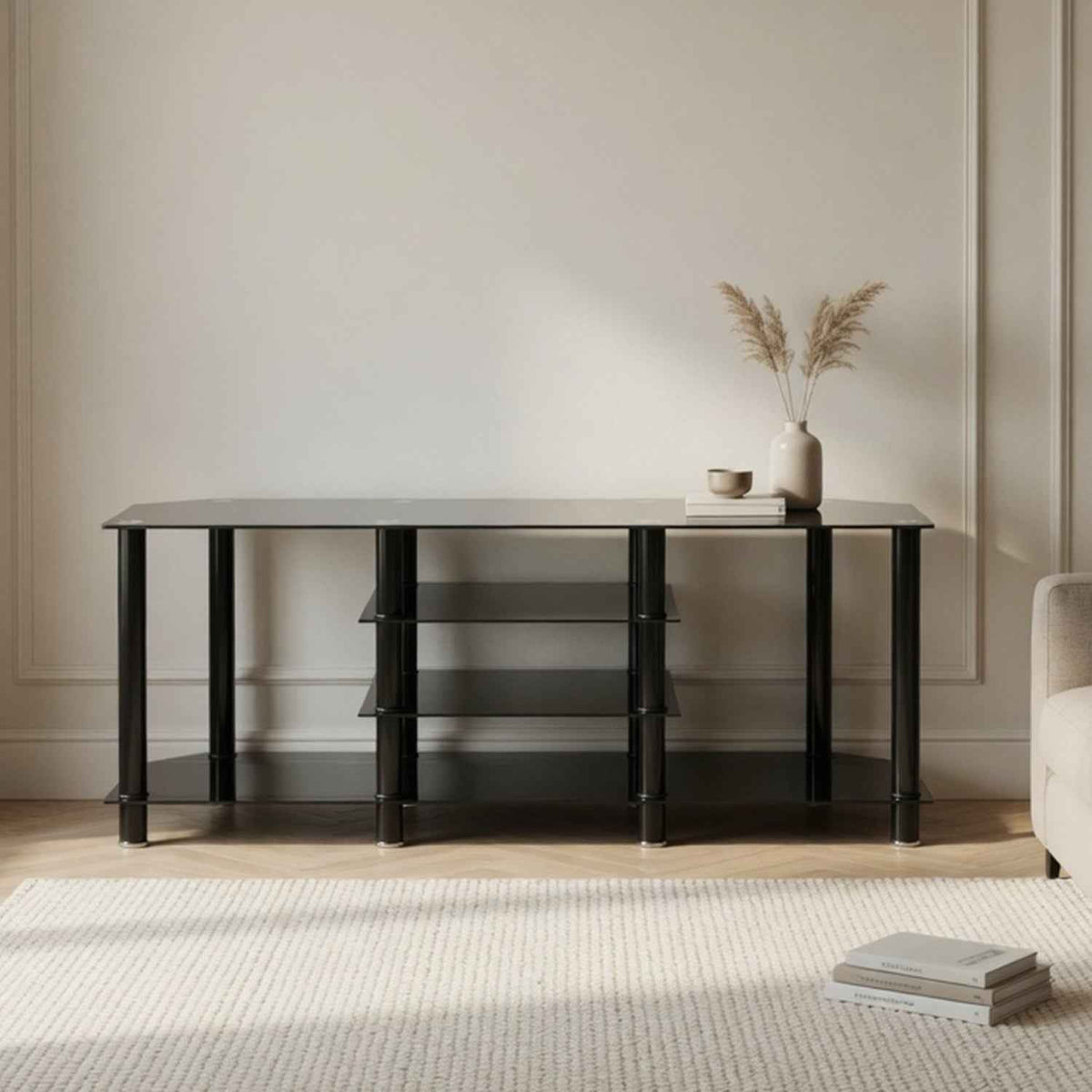 Kensington Large Black Glass TV Stand with Storage Shelves