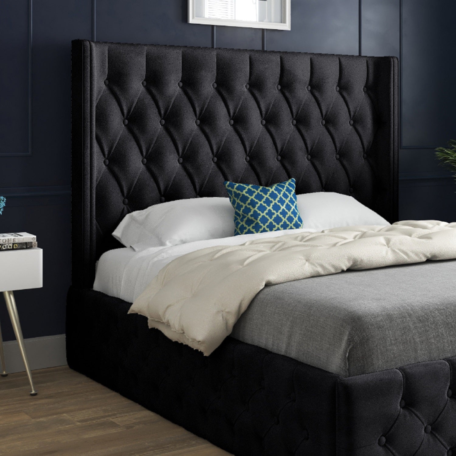 Wayno Straight Winged Upholstered Soft Velvet Designer Bed Frame