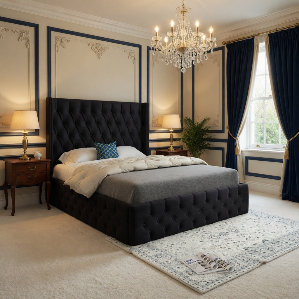 Wayno Straight Winged Upholstered Soft Velvet Designer Bed Frame