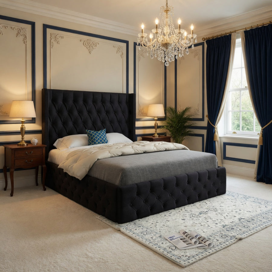 Wayno Straight Winged Upholstered Soft Velvet Designer Bed Frame