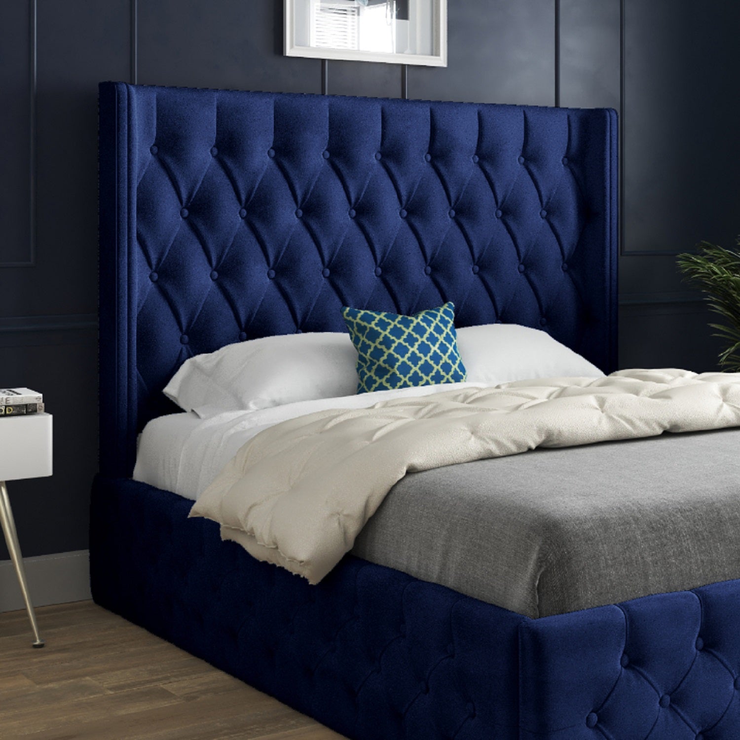 Wayno Straight Winged Upholstered Soft Velvet Designer Bed Frame