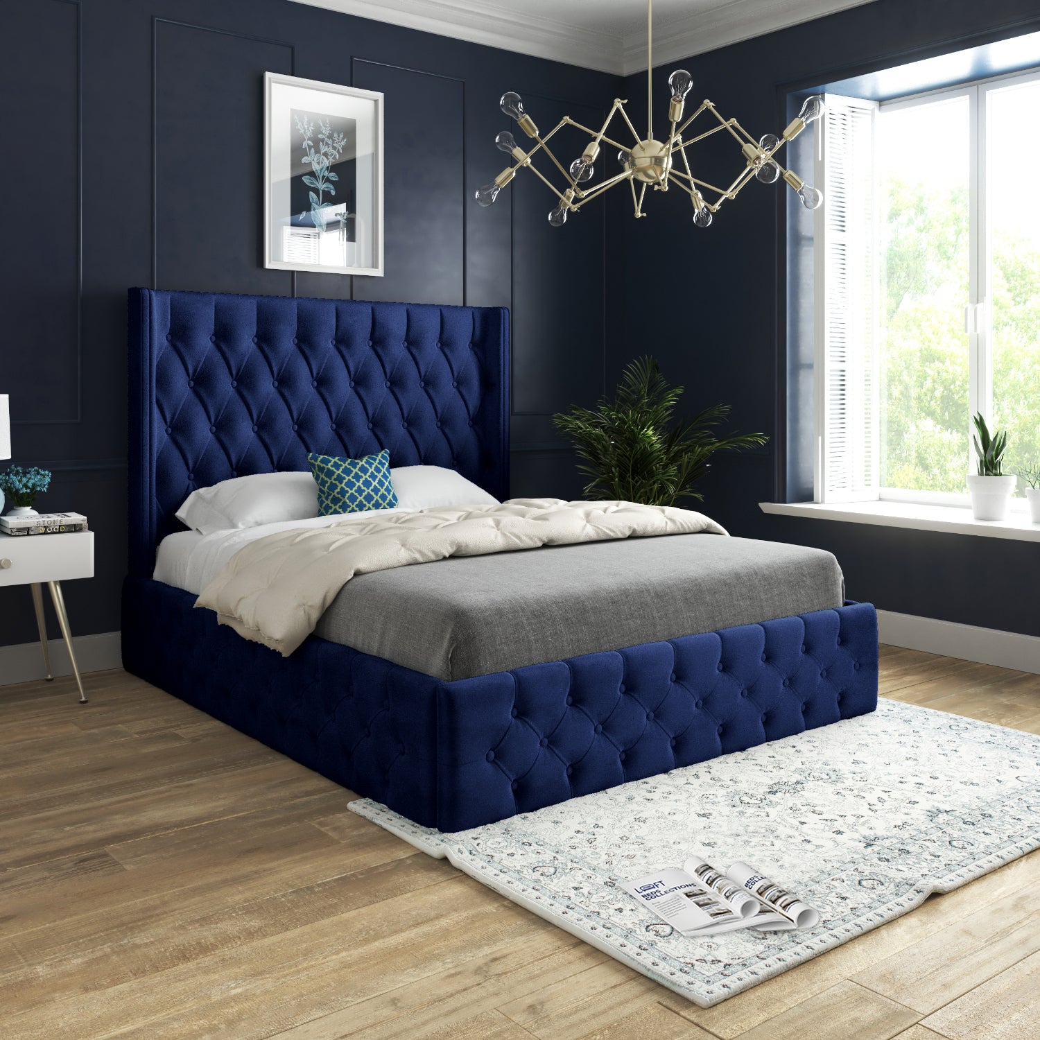 Wayno Straight Winged Upholstered Soft Velvet Designer Bed Frame