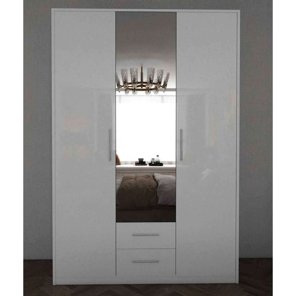 Windsor Gloss White 3 Door Wardrobe with Mirror and Drawers 120cm