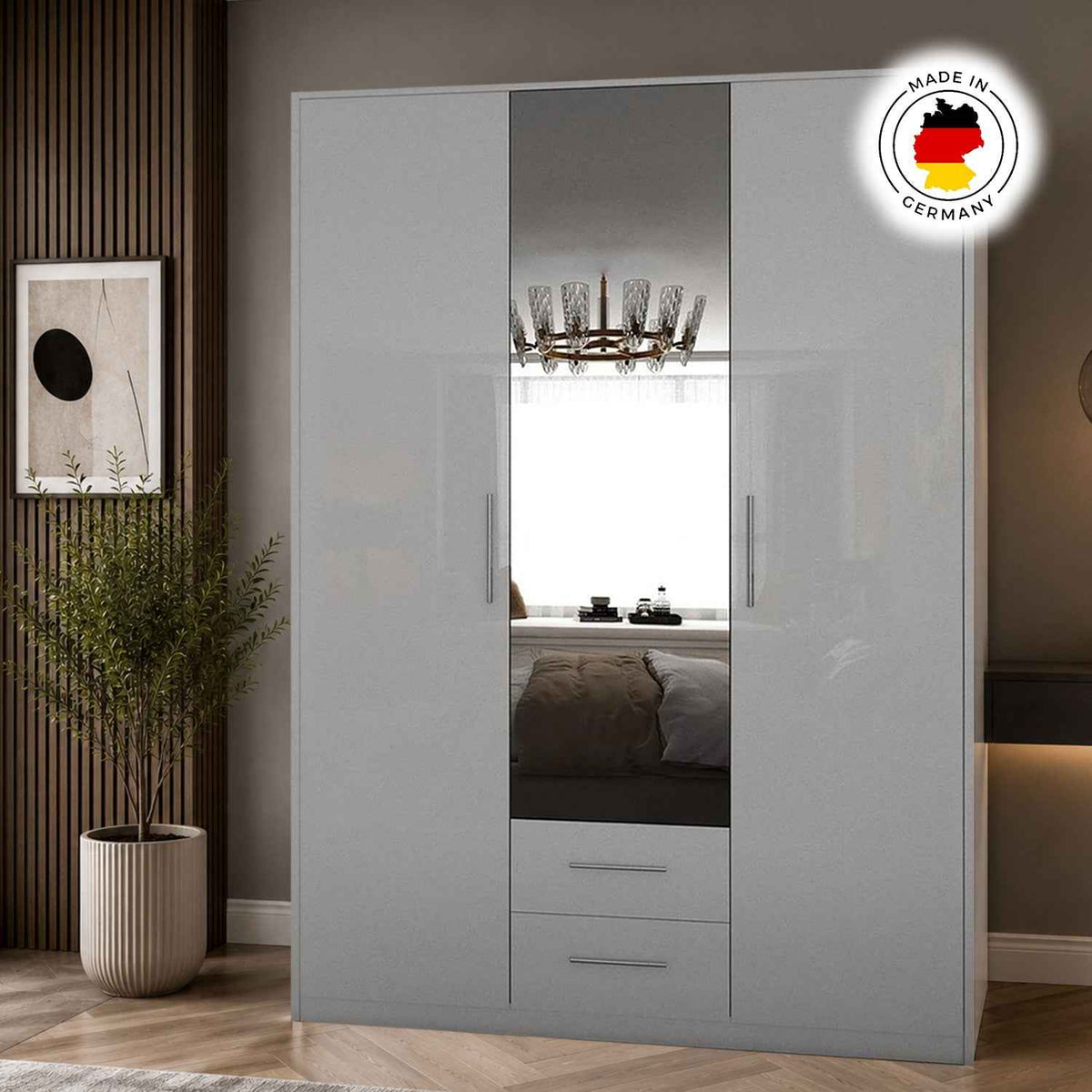 Windsor Gloss White 3 Door Wardrobe with Mirror and Drawers 120cm
