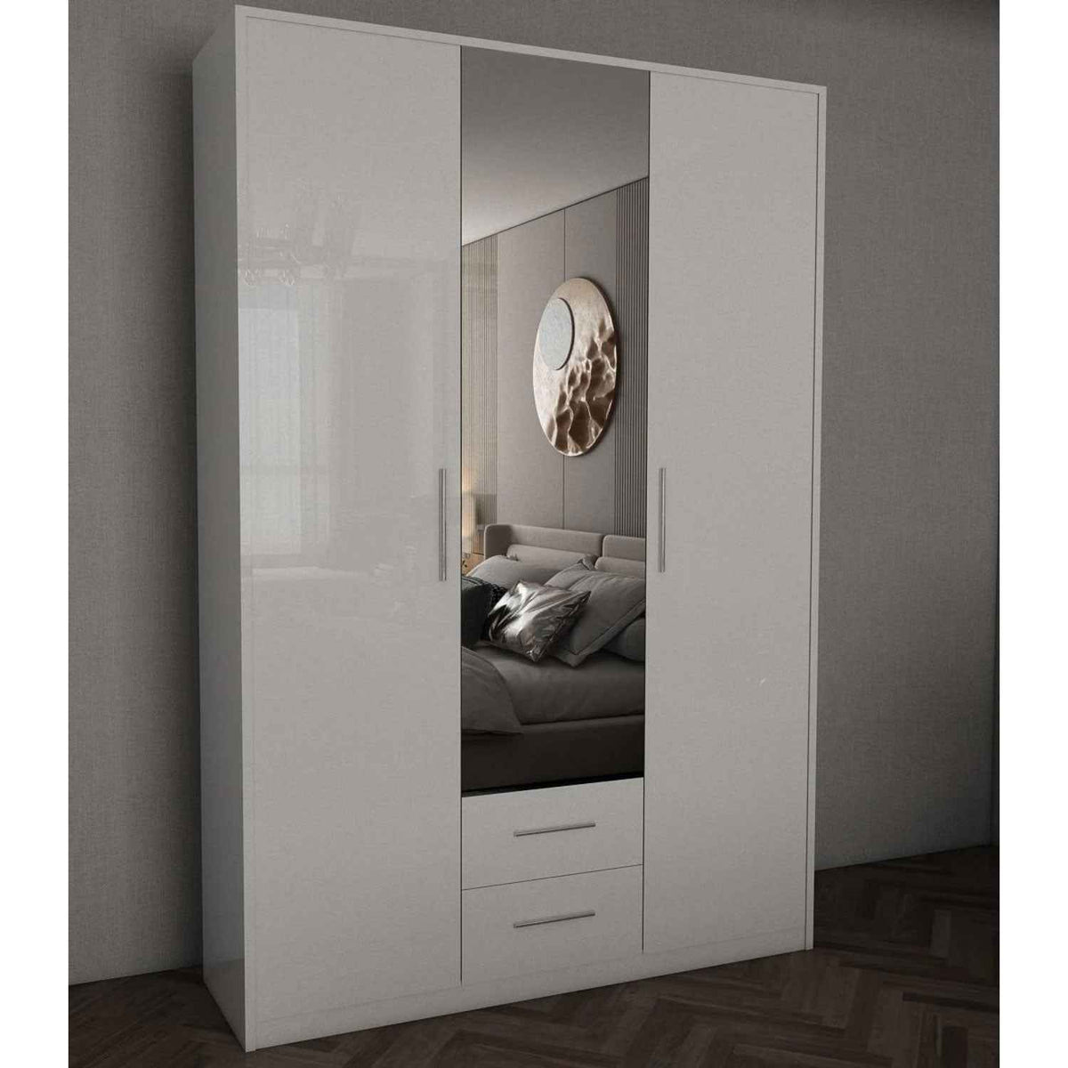 Windsor Gloss White 3 Door Wardrobe with Mirror and Drawers 120cm