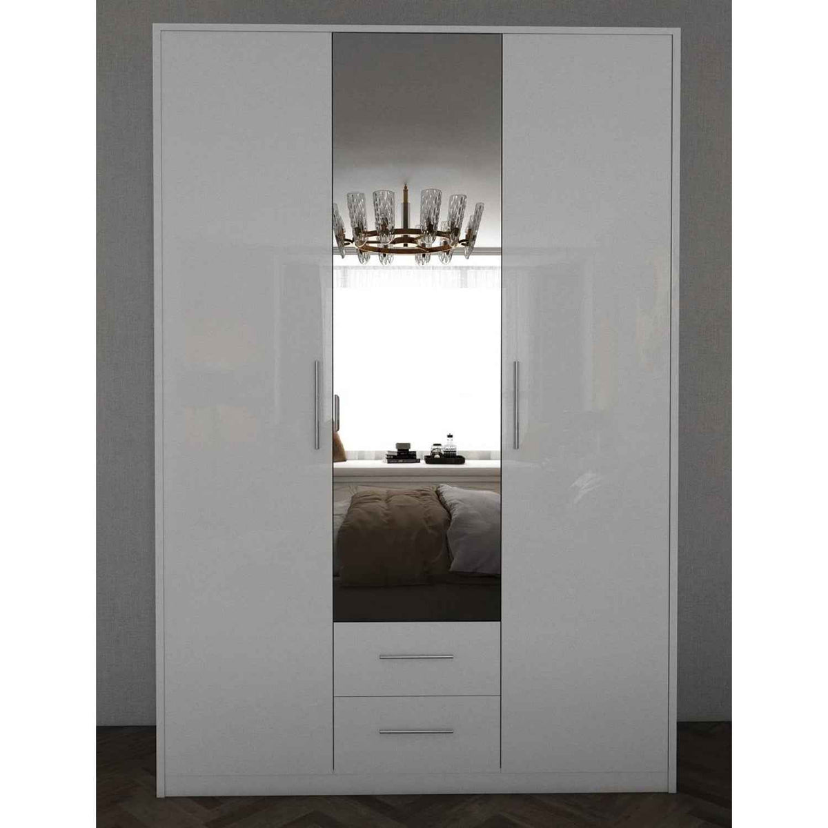 Windsor Gloss White 3 Door Wardrobe 135cm with Mirror and 2 Drawers