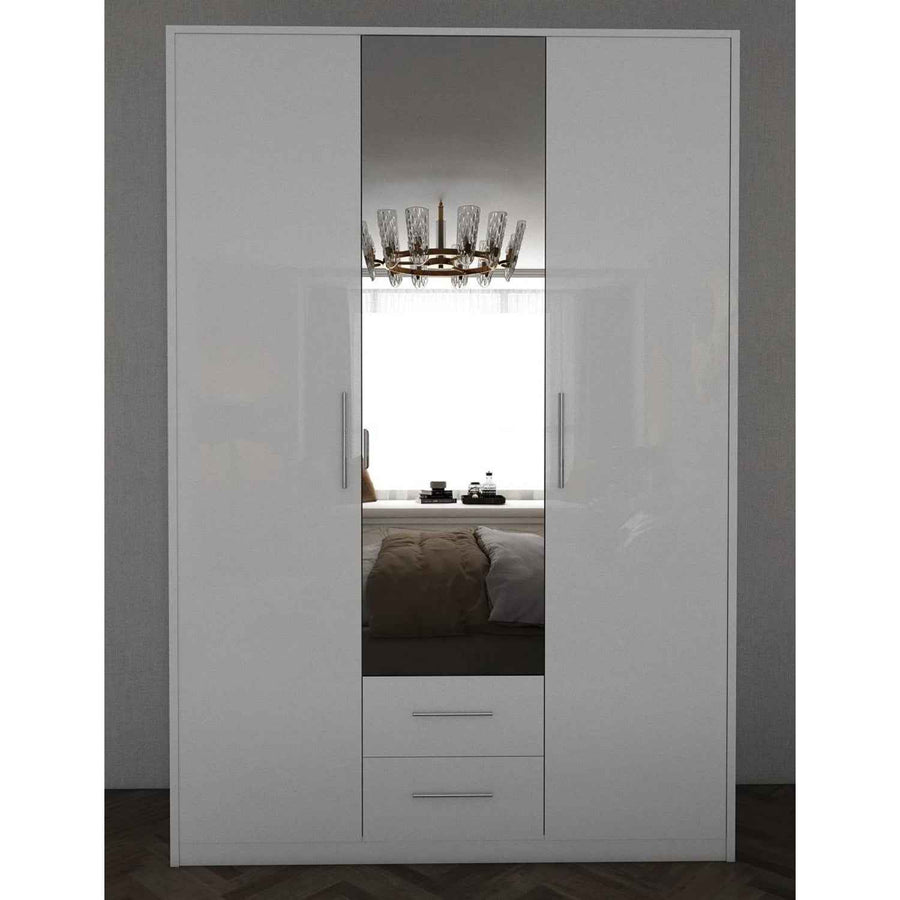 Windsor Gloss White 3 Door Wardrobe 135cm with Mirror and 2 Drawers