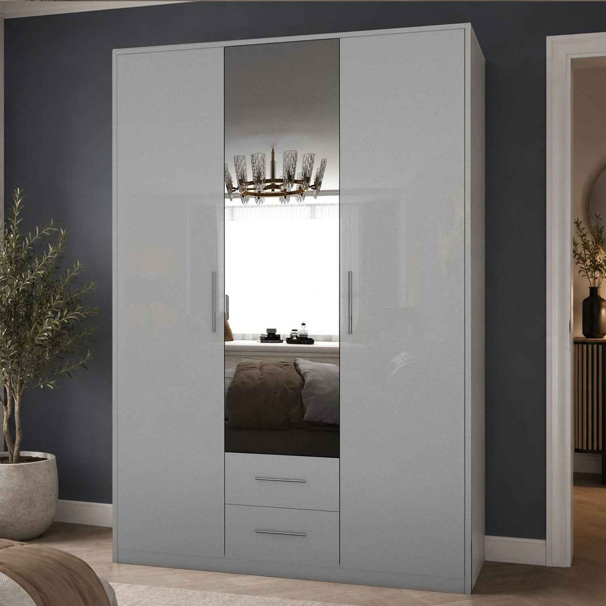 Windsor Gloss White 3 Door Wardrobe 135cm with Mirror and 2 Drawers