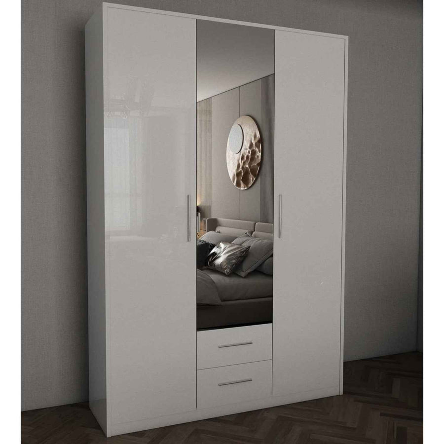 Windsor Gloss White 3 Door Wardrobe 135cm with Mirror and 2 Drawers