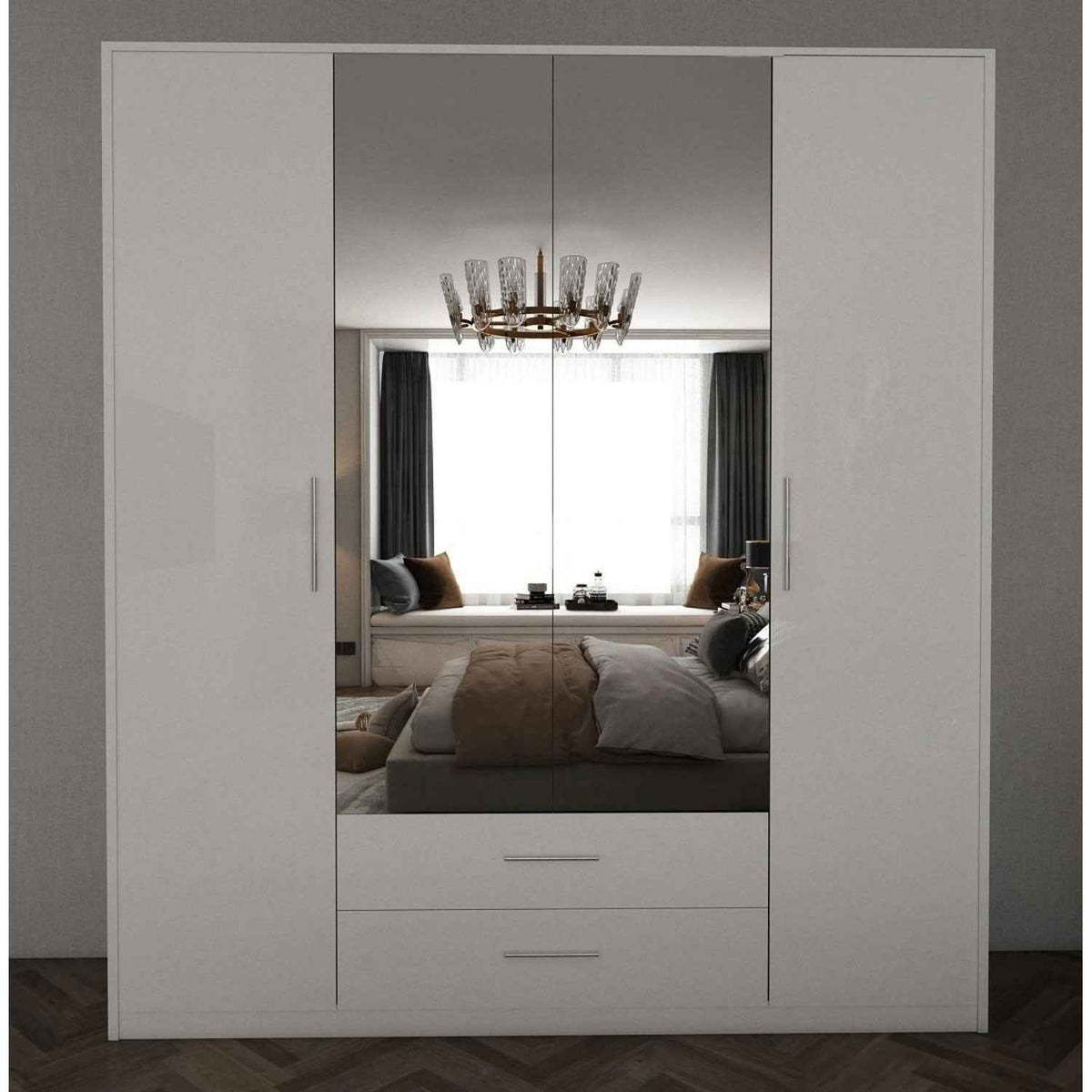 Windsor Gloss White 4 Door Wardrobe 180cm with Mirrors and 2 Drawers