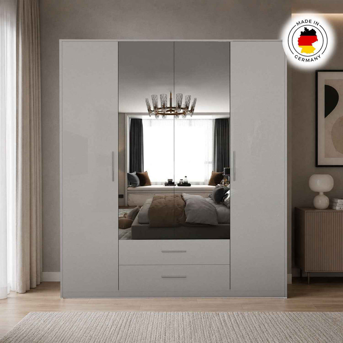 Windsor Gloss White 4 Door Wardrobe 180cm with Mirrors and 2 Drawers