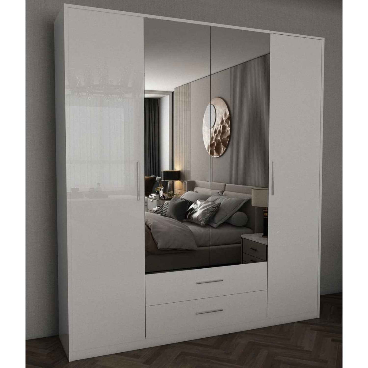 Windsor Gloss White 4 Door Wardrobe 180cm with Mirrors and 2 Drawers