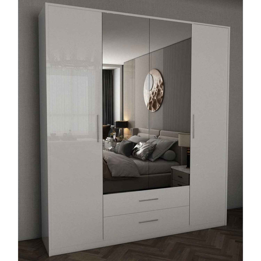 Windsor Gloss White 4 Door Wardrobe 180cm with Mirrors and 2 Drawers