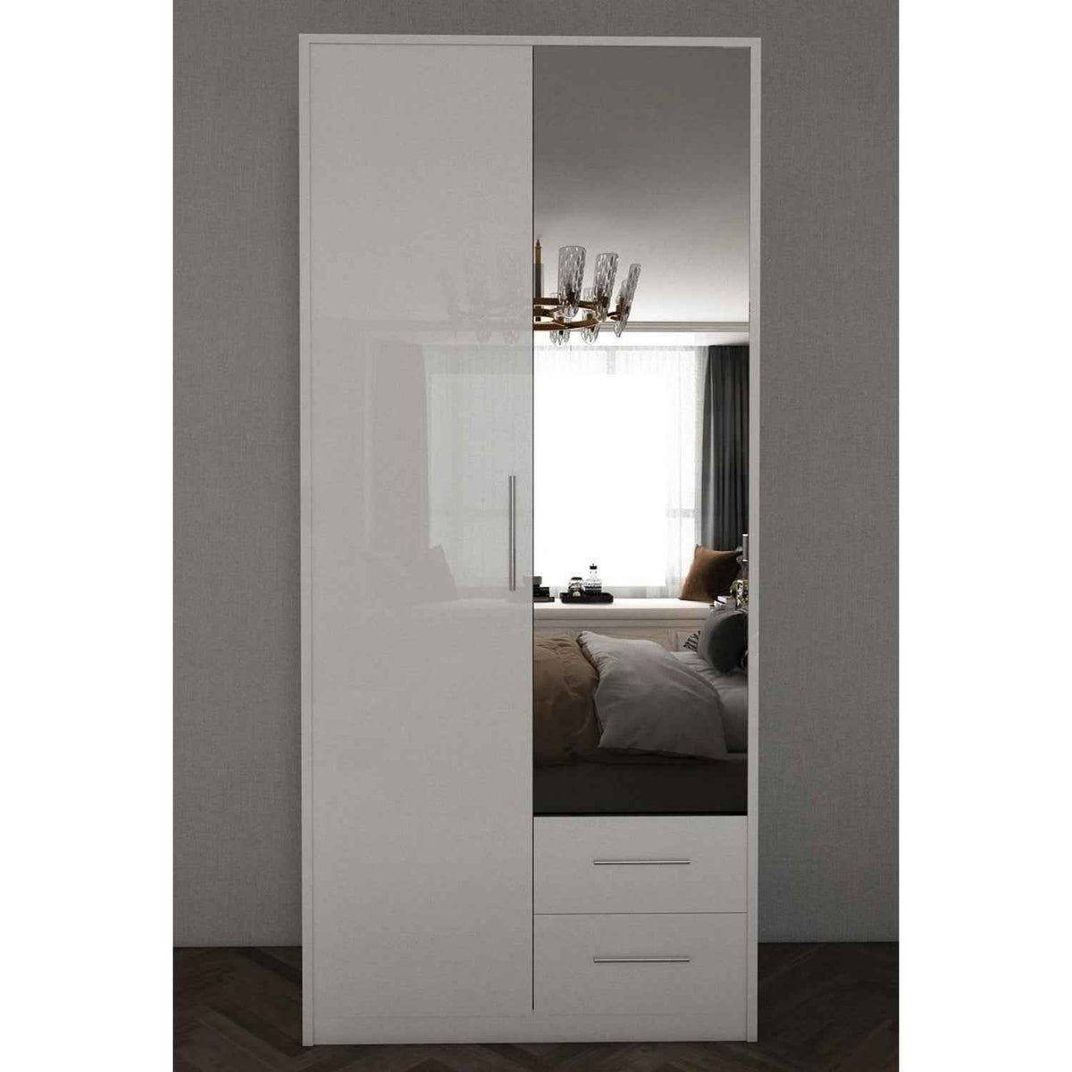 Windsor Gloss White 2 Door Wardrobe with Mirror and 2 Drawers