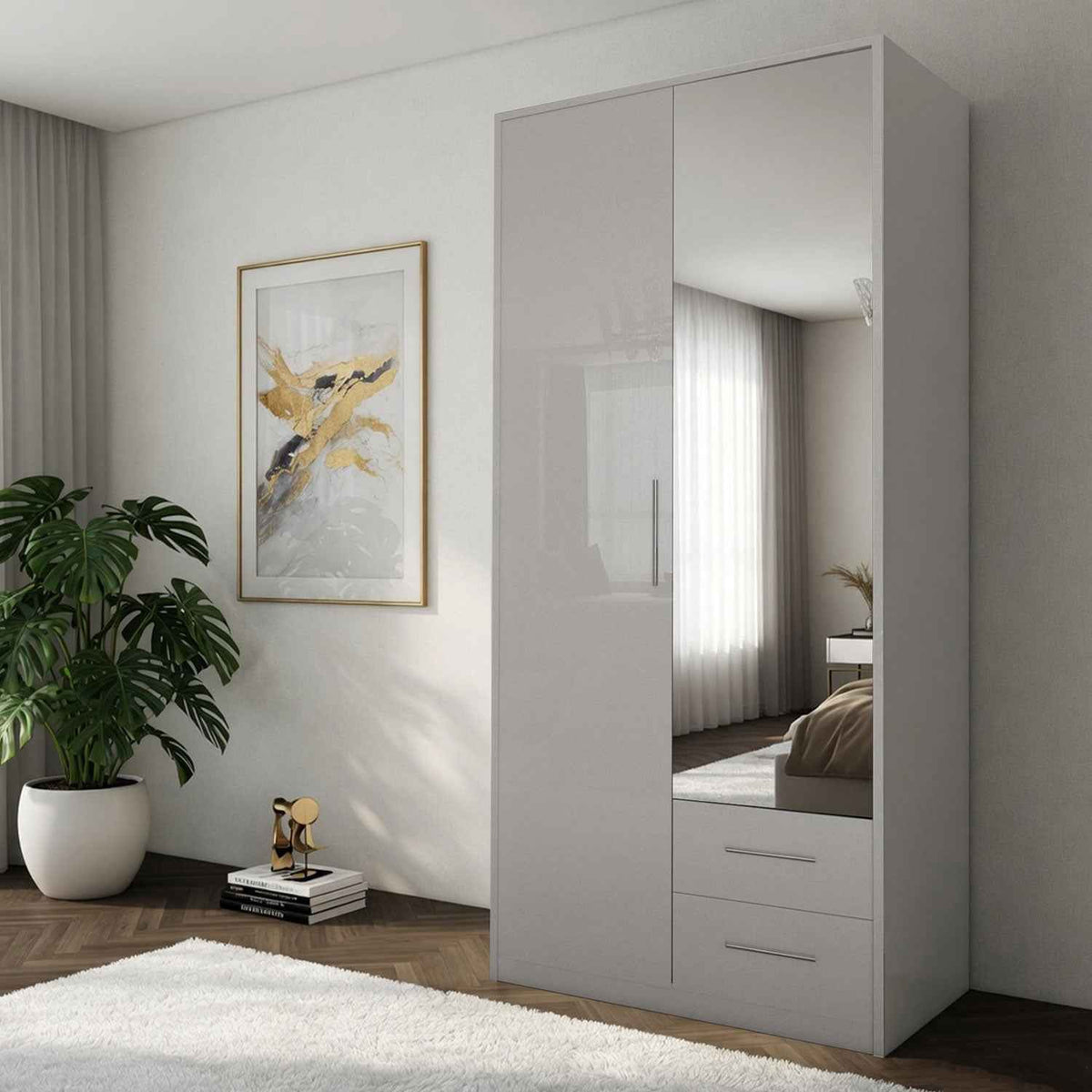 Windsor Gloss White 2 Door Wardrobe with Mirror and 2 Drawers