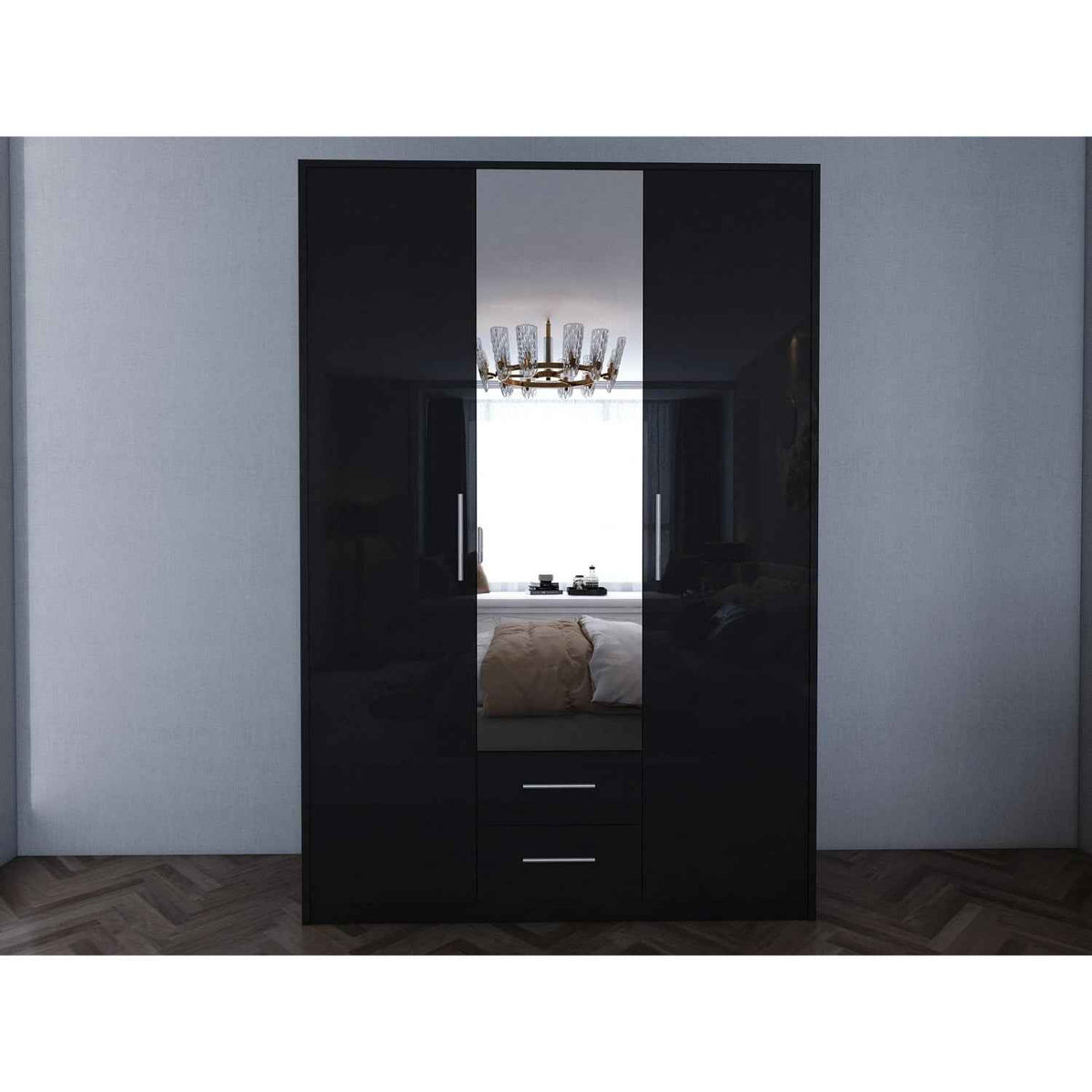 Windsor Gloss Black 3 Door Wardrobe with Mirror and Drawers 120cm