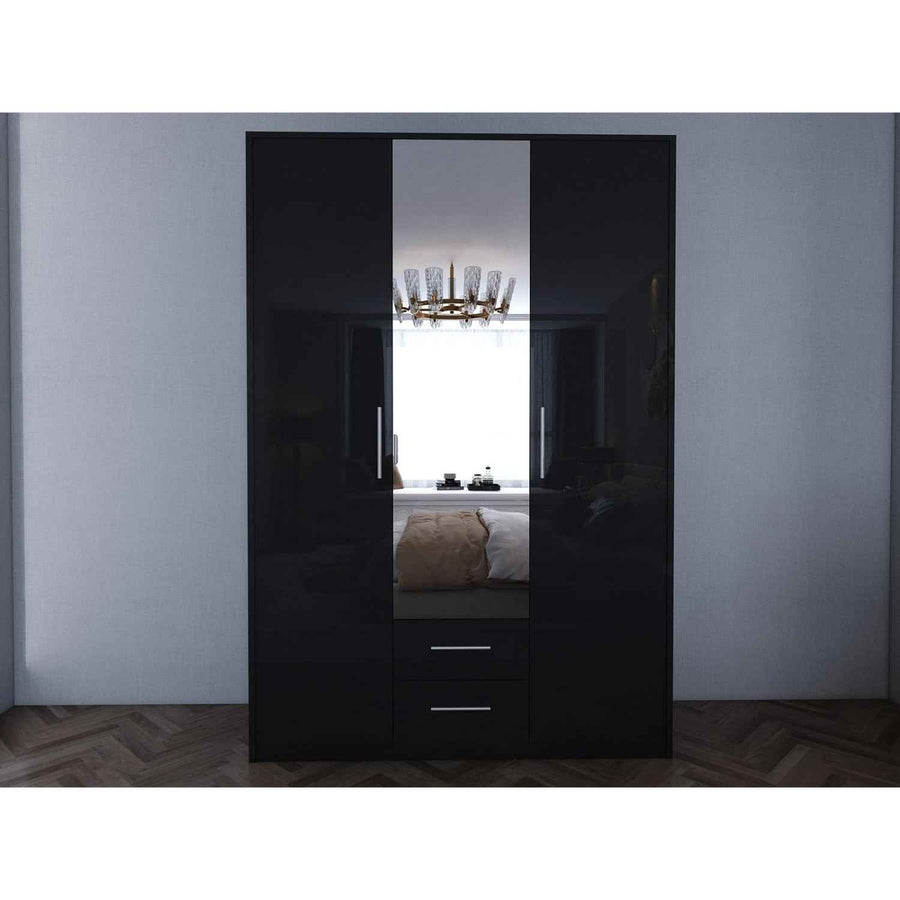Windsor Gloss Black 3 Door Wardrobe with Mirror and Drawers 120cm