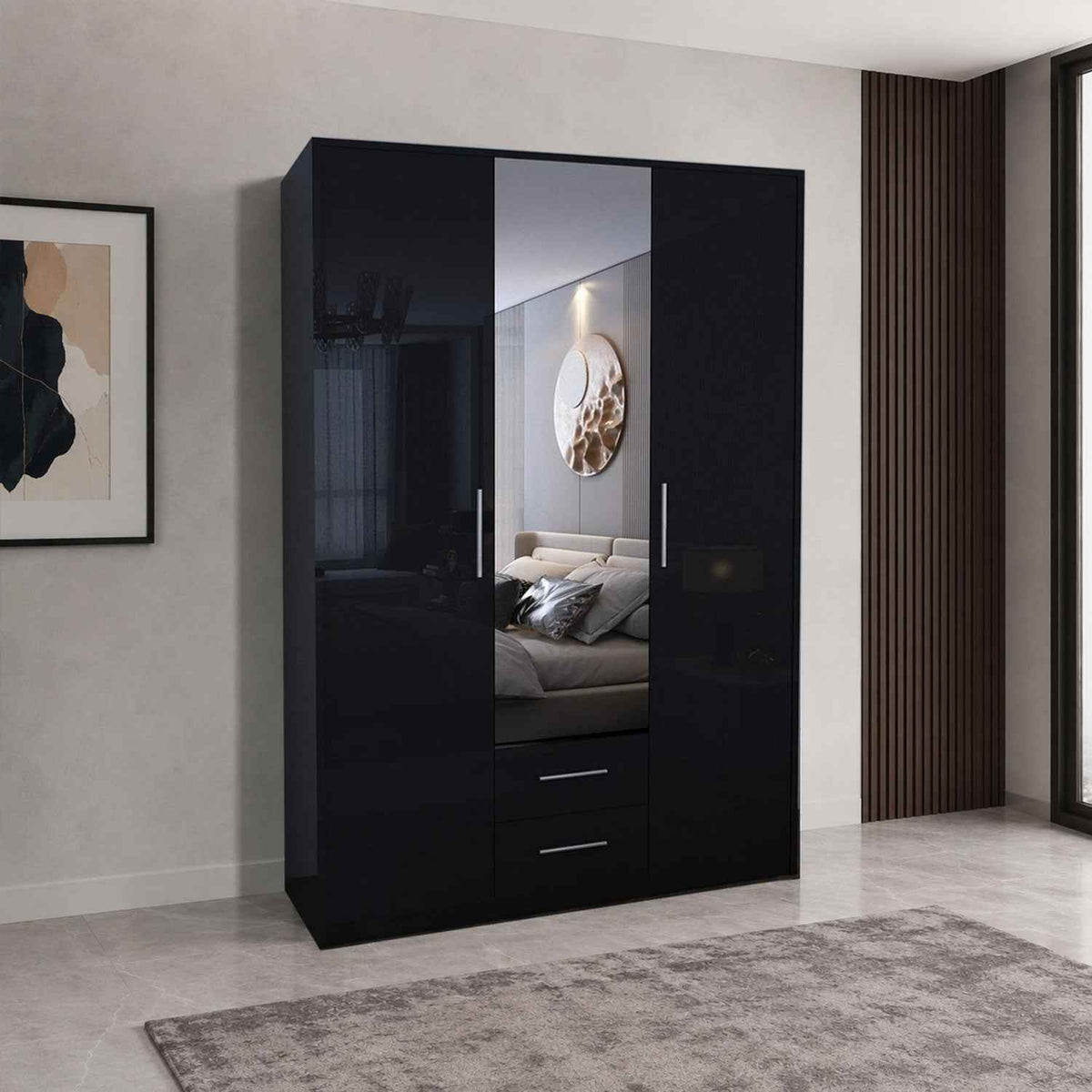 Windsor Gloss Black 3 Door Wardrobe with Mirror and Drawers 120cm