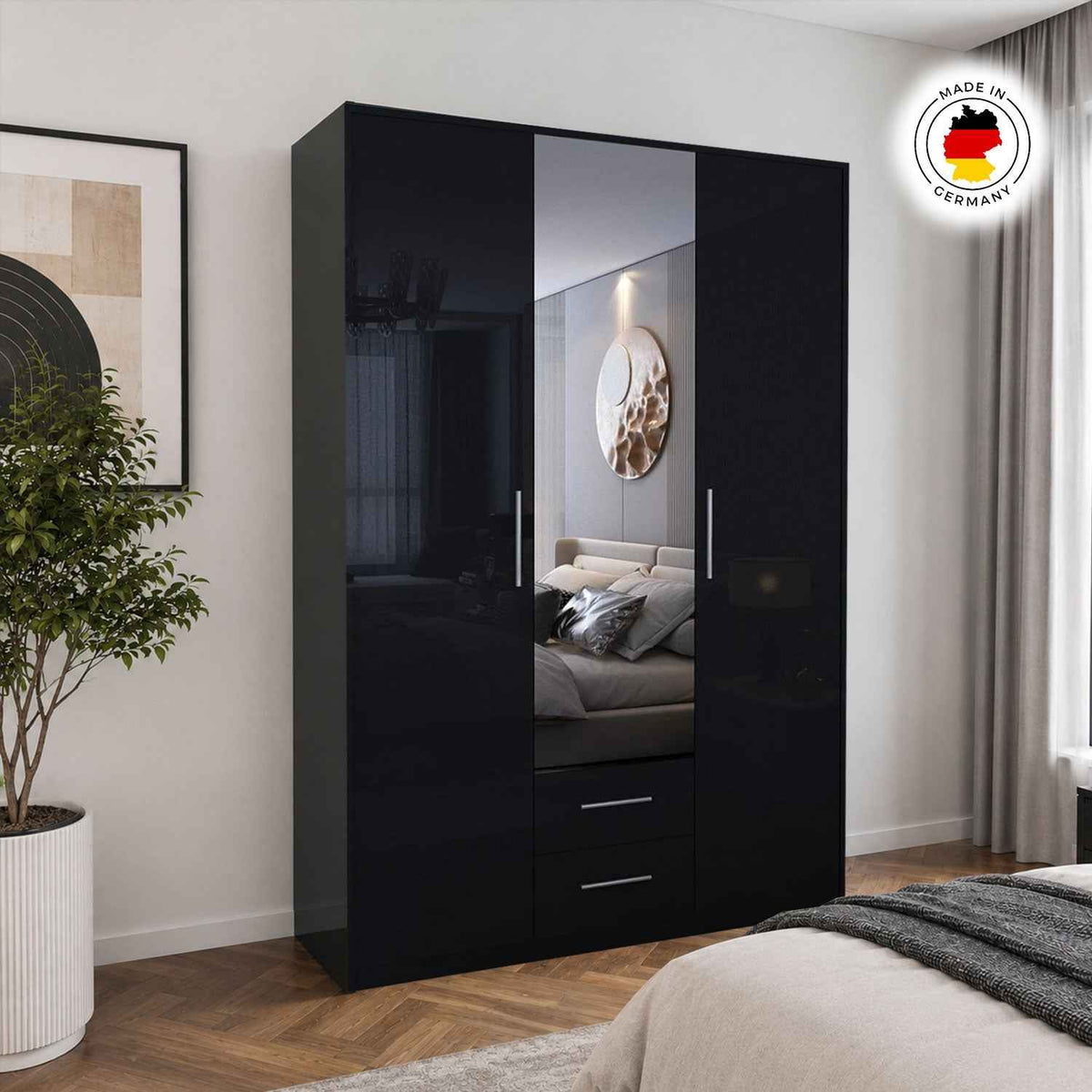 Windsor Gloss Black 3 Door Wardrobe with Mirror and Drawers 120cm