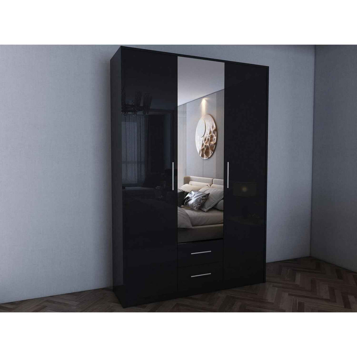 Windsor Gloss Black 3 Door Wardrobe with Mirror and Drawers 120cm