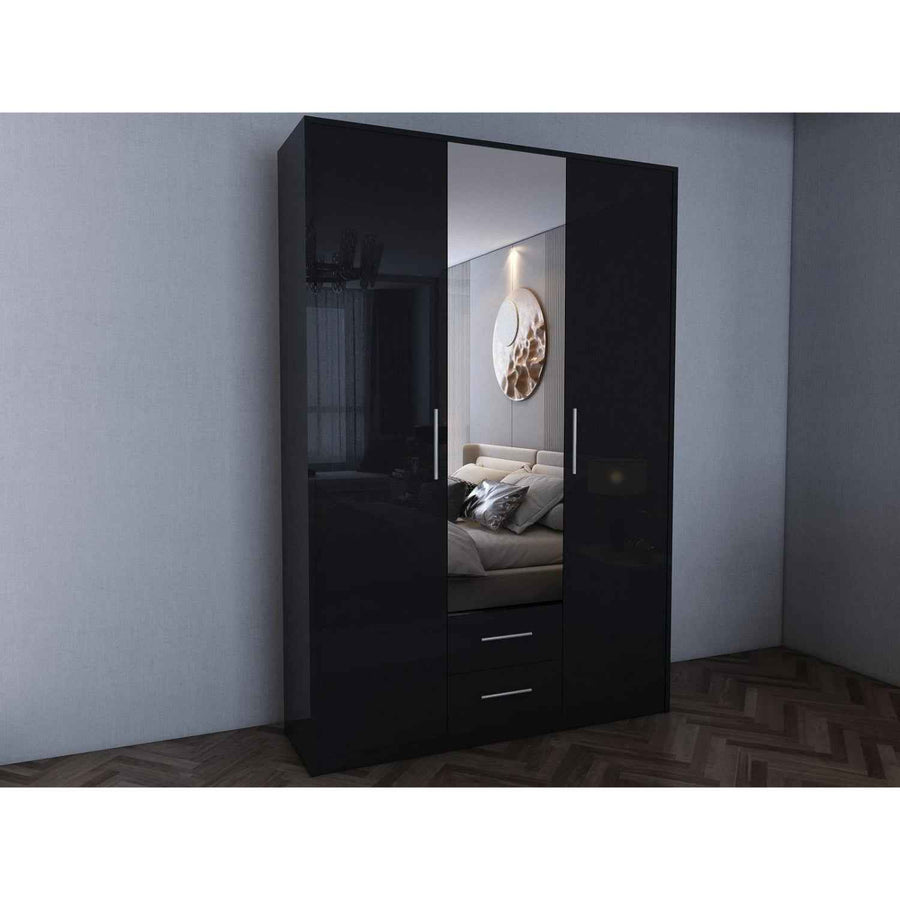 Windsor Gloss Black 3 Door Wardrobe with Mirror and Drawers 120cm