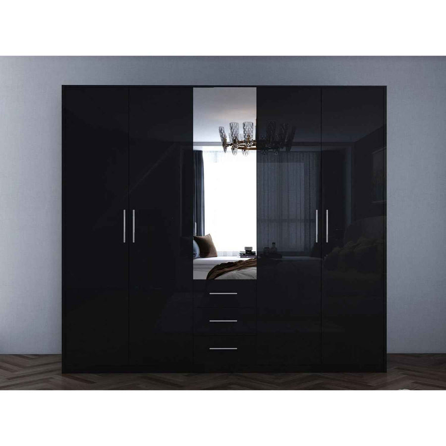 Windsor Gloss Black 5 Door Wardrobe with Mirror and Drawers 200cm