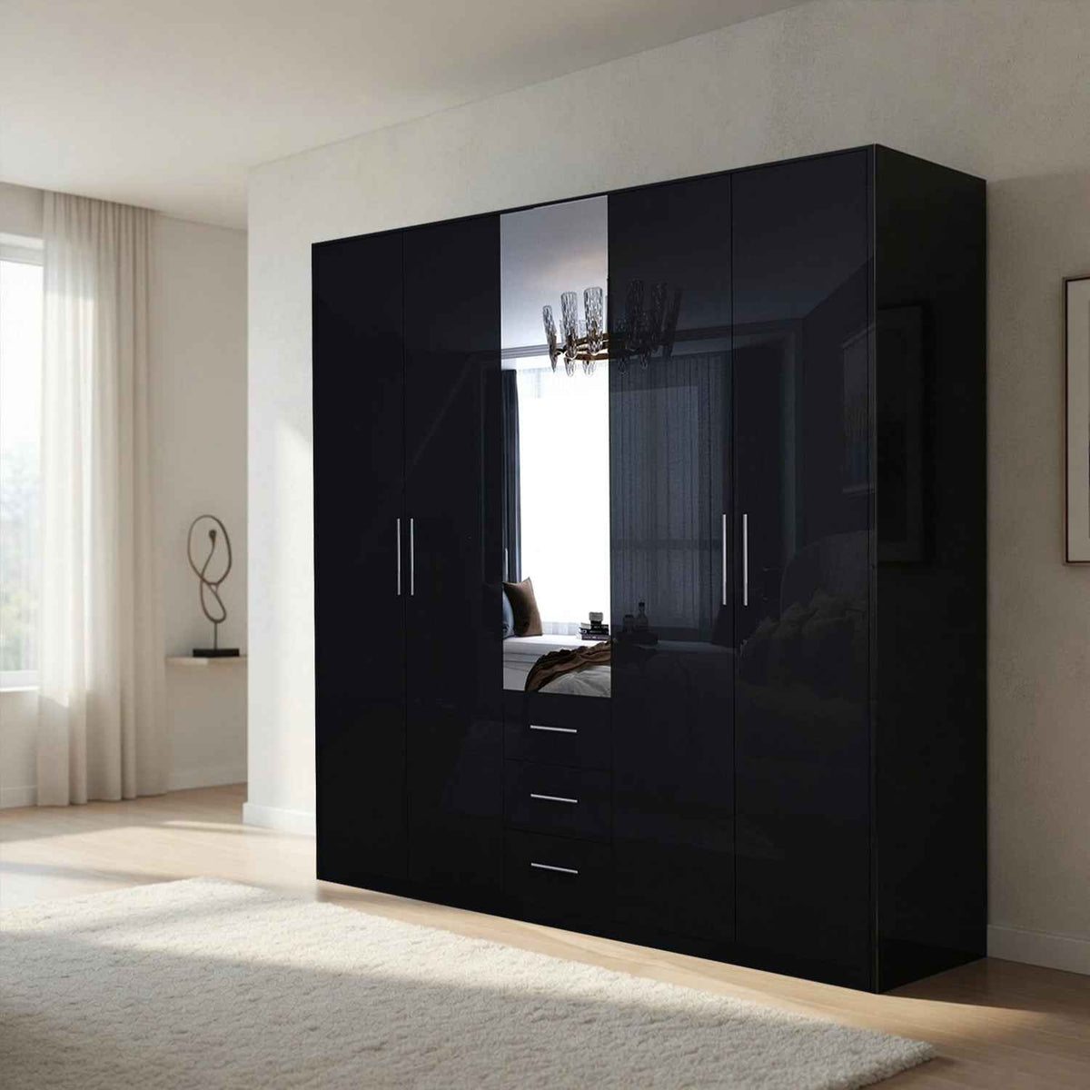 Windsor Gloss Black 5 Door Wardrobe with Mirror and Drawers 200cm