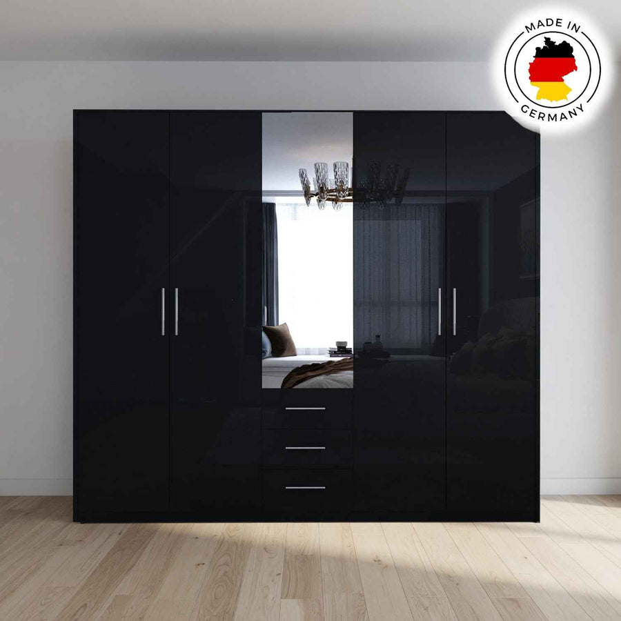 Windsor Gloss Black 5 Door Wardrobe with Mirror and Drawers 200cm