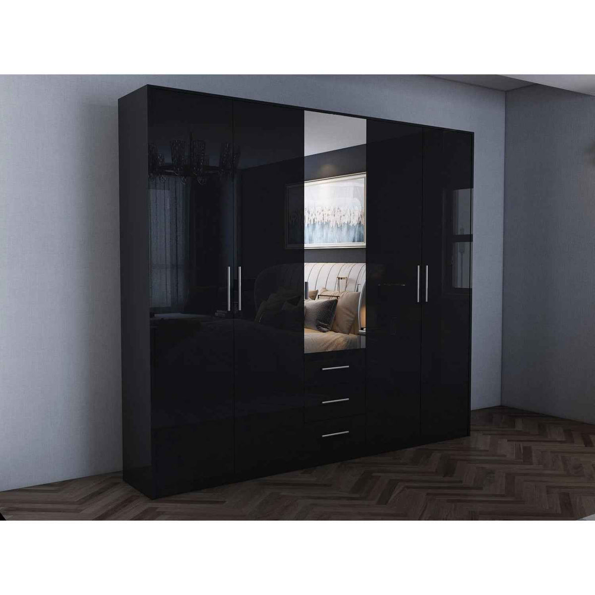 Windsor Gloss Black 5 Door Wardrobe with Mirror and Drawers 200cm