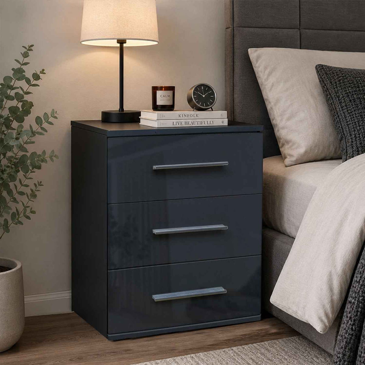 Windsor Gloss Black 3 Drawer Bedside Cabinet