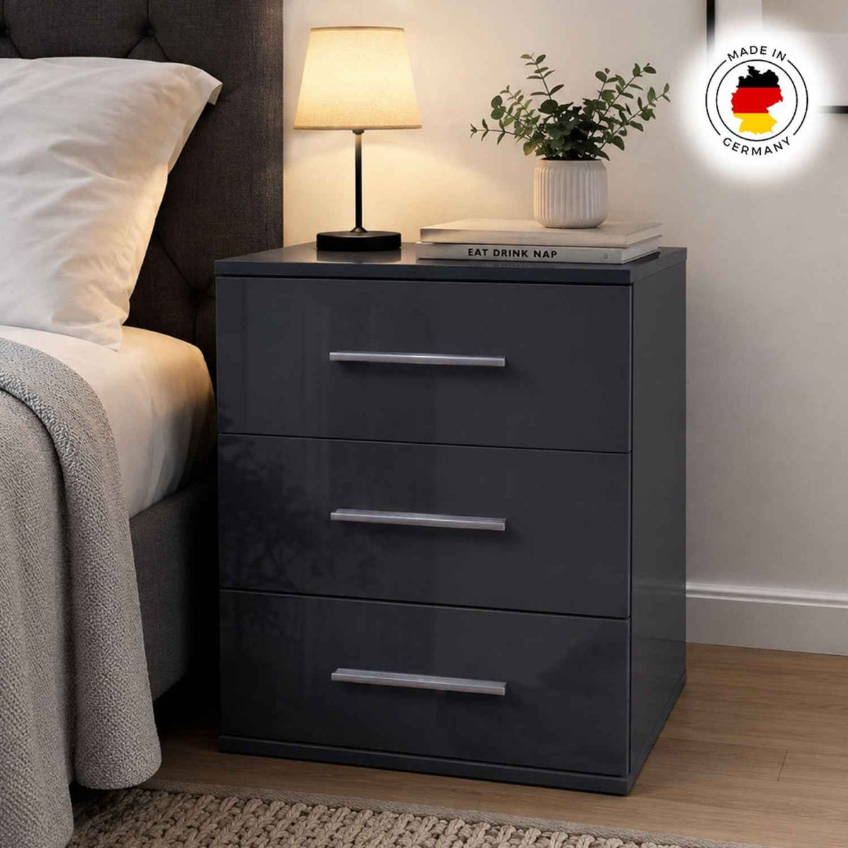Windsor Gloss Black 3 Drawer Bedside Cabinet