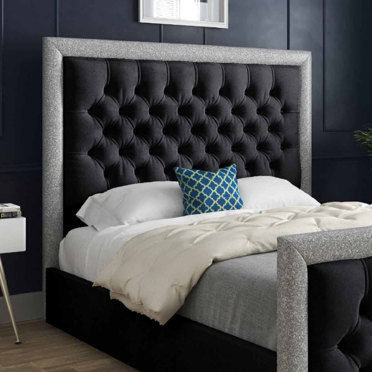 Rincon Glitter Border Upholstered Soft Velvet Designer Bed Frame