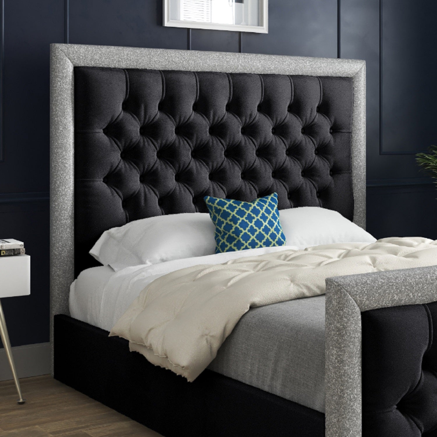 Rincon Glitter Border Upholstered Soft Velvet Designer Bed Frame