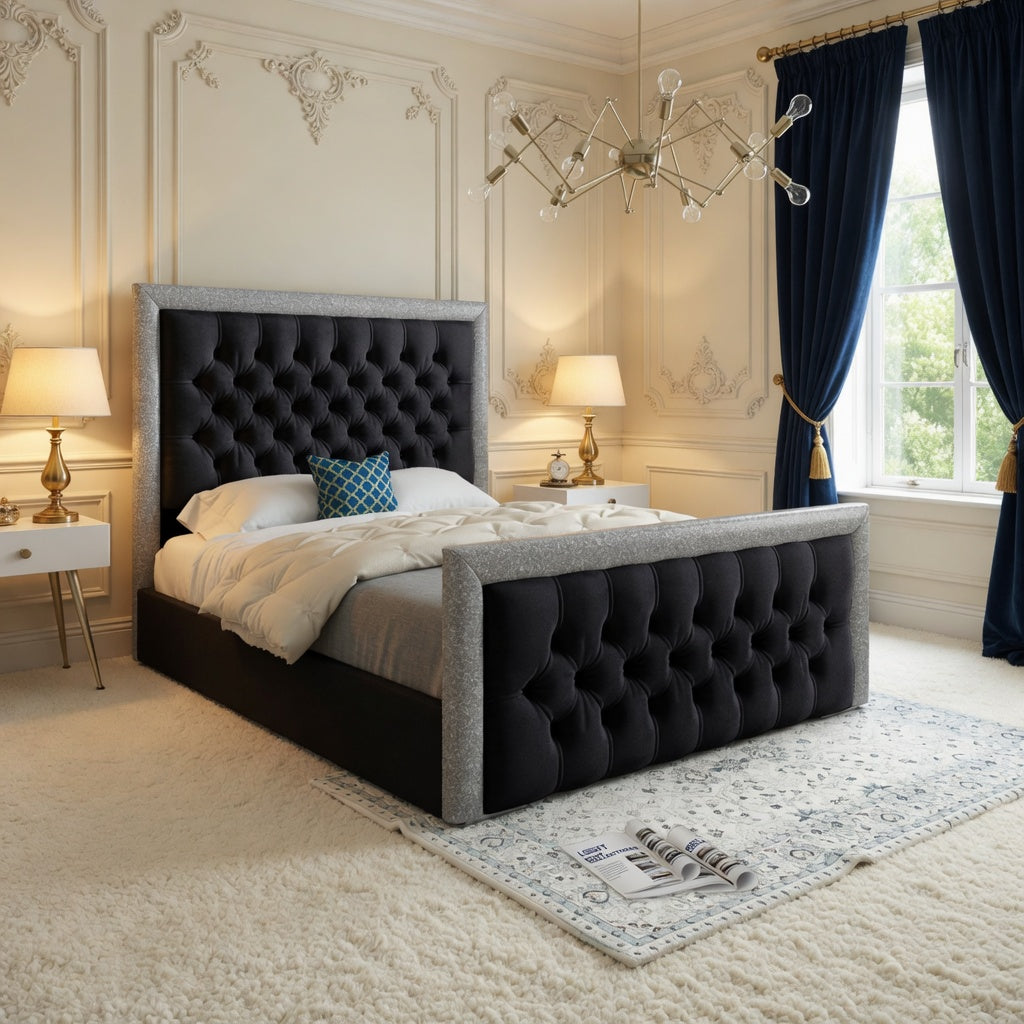Rincon Glitter Border Upholstered Soft Velvet Designer Bed Frame