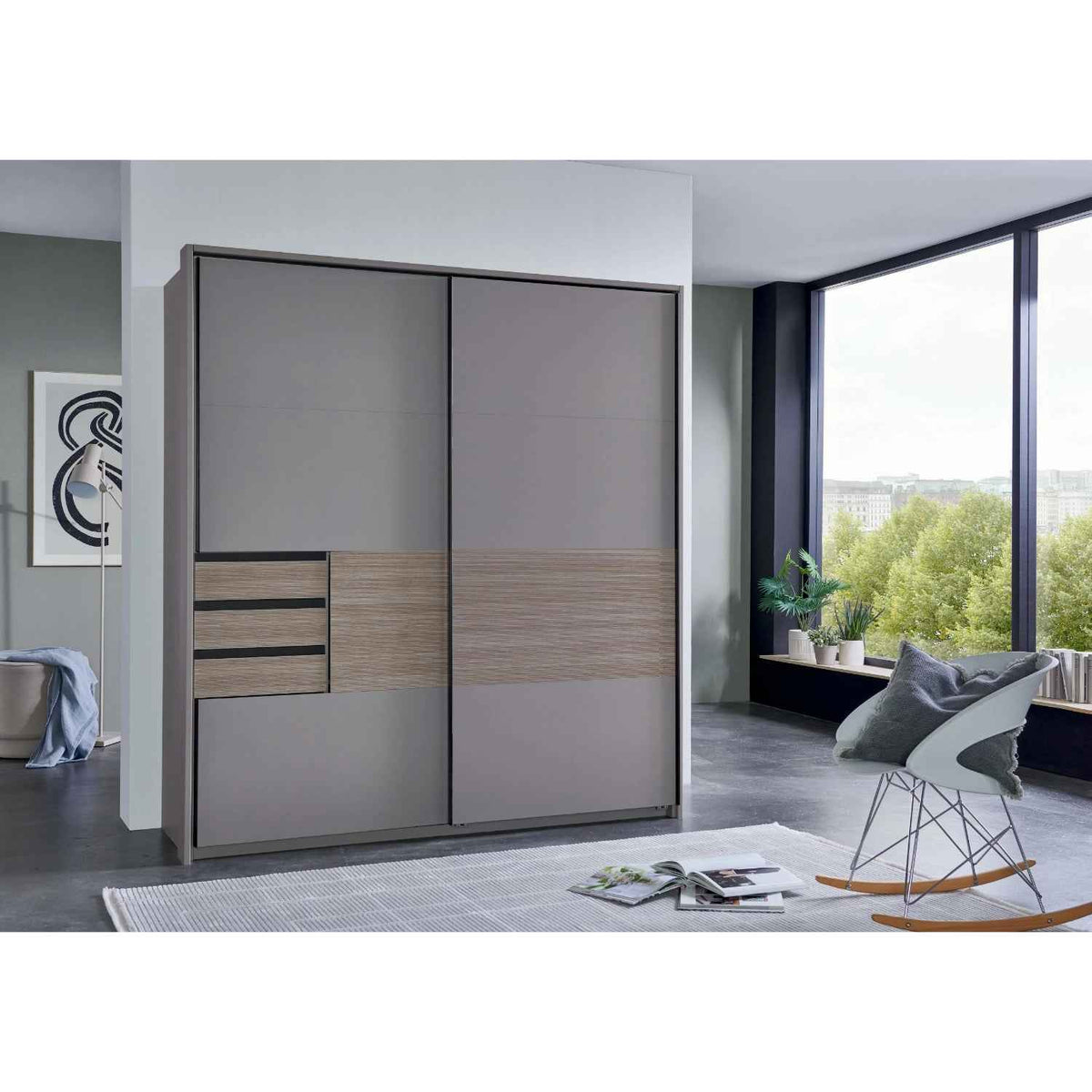 Brighton Sliding Door Wardrobe in Sahara Grey with Oak Slat Effect