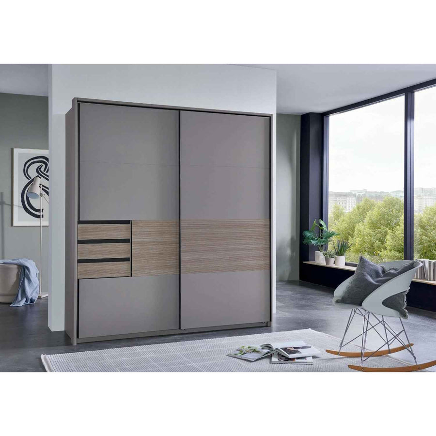 Brighton Sliding Door Wardrobe in Sahara Grey with Oak Slat Effect